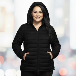 Casaco Feminino Plus Size Gominho Jaqueta Corta Vento Touca Puffer Plus Size Feminina Casaco