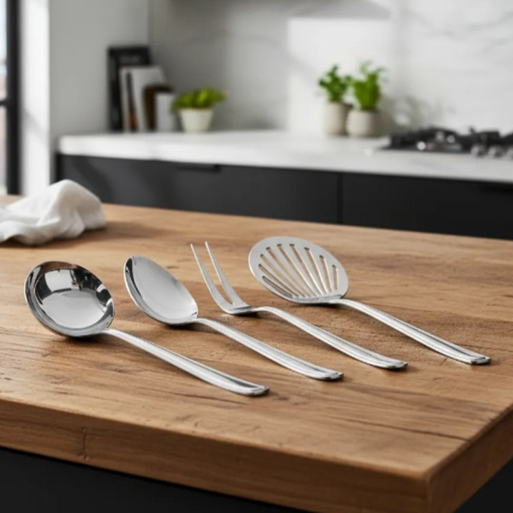 Kit Jogo 4 Utensílios de Cozinha Inox Escumadeira Concha Colher de Arroz Garfo Linha Bill Viel