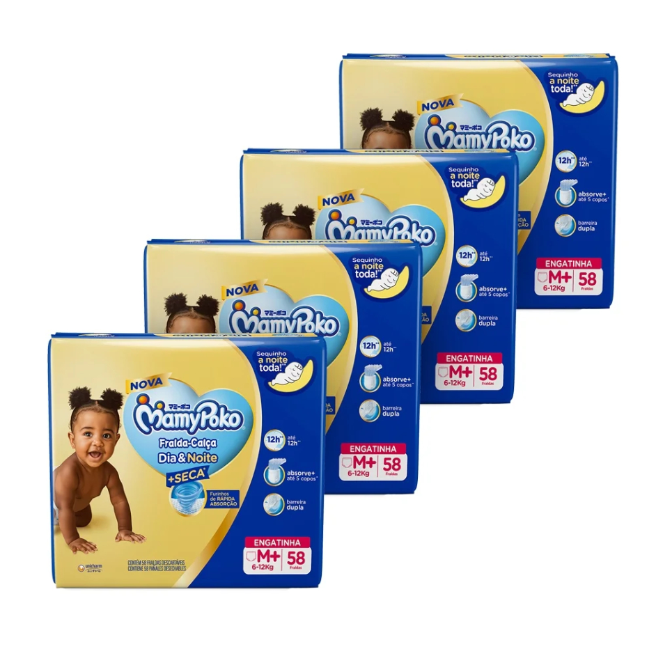 Fralda Descartável MamyPoko Calça Dia & Noite Tamanho M - 4 Pacotes com 58 Fraldas - Total 232 Tiras em Oferta na Shopee