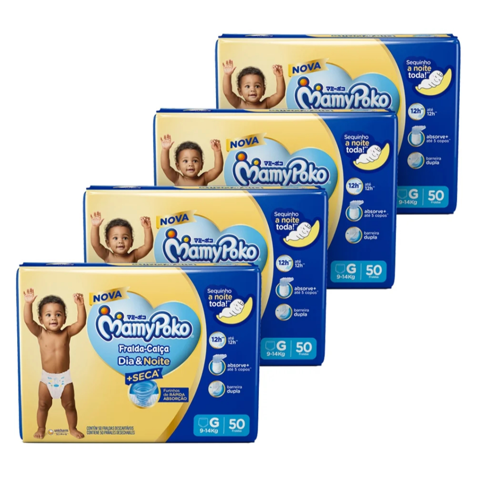 Fralda Descartável MamyPoko Calça Dia & Noite Tamanho G - 4 Pacotes com 50 Fraldas - Total 200 Tiras