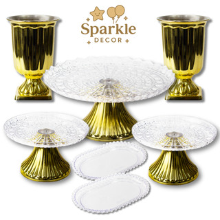 Kit Decor Boleira Cake Renda Esmeralda+2 Cake Slim Esmeralda+2 Vasos Grego+ 2 Bandeja Oval Pérola