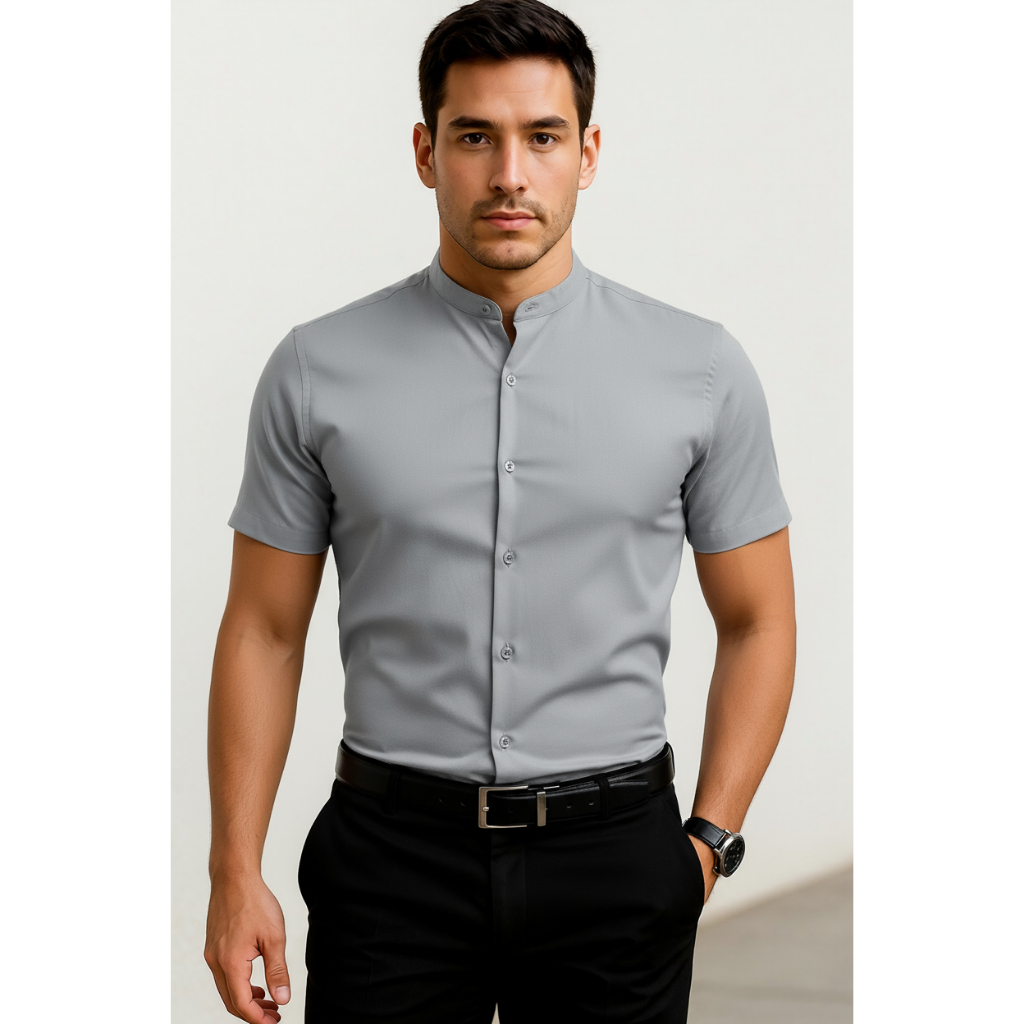 Camisa Masculina de Manga Curta Moderna  Gola Mandarim Tecido com Elasticidade e Corte Slim Fit