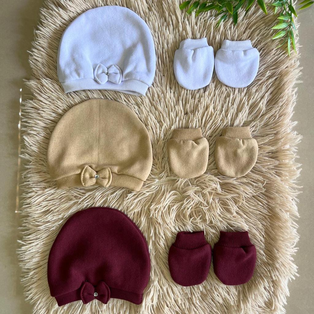 Kit 3 toucas  e 3 pares de Luvas Para Bebê Recém Nascido Algodão Macio Quentinho Maternidade Enxoval Gestante Mat em Oferta na Shopee
