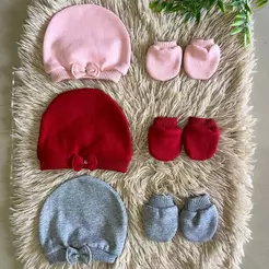 Kit 3 Toucas e 3 Luvas Bebê Menina RN Recém-Nascido Algodão Macio Enxoval Maternidade
