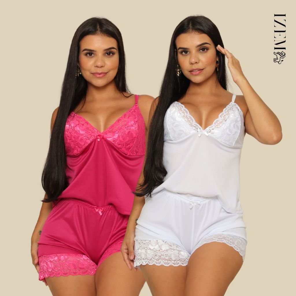 Kit 2 Baby Doll Pijama Curto Sensual com Renda Alça Regulável em Oferta na Shopee