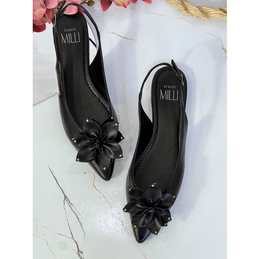 Sapatilha Slingback Milli Feminina Bico Alongado Com Enfeite De Flor em Oferta na Shopee