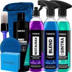 Kit Cera Blend Spray Vitrificadora Limpa Restaura Plástico Sintra Restaurax Pneu Pretinho Vonixx