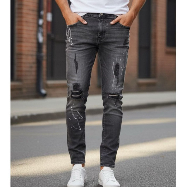 Calça Jeans Masculina Destroyed Skinny Preta Rasgada Manchada Moda Lançamento