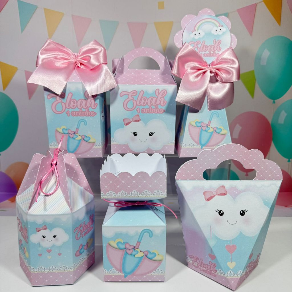 kit Caixinhas Personalizadas para Festa Chuva de Amor Benção Lembrancinhas de Aniversário Desmontado.