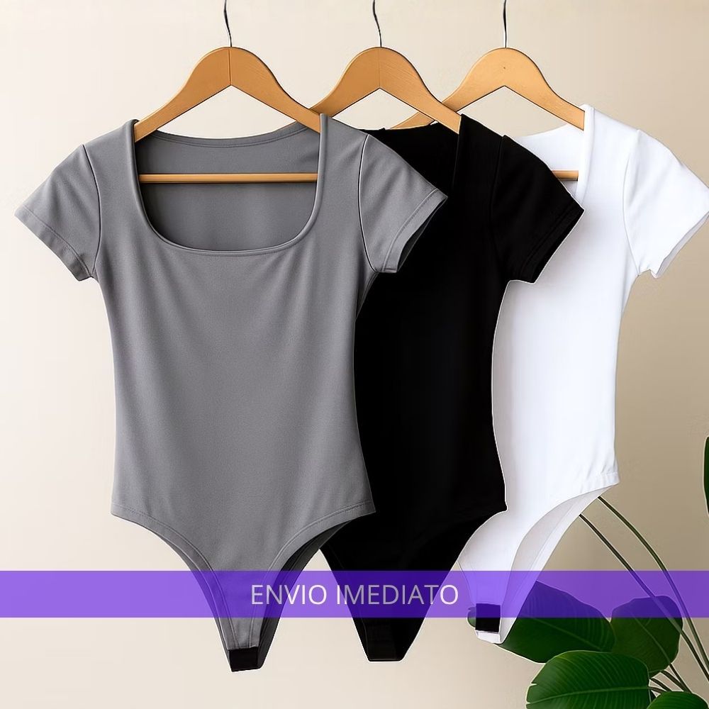 Body Manga Curta Blusinha Collant Decote Quadrado Feminino Suplex Liso Com Fecho Duplo Forro Premium