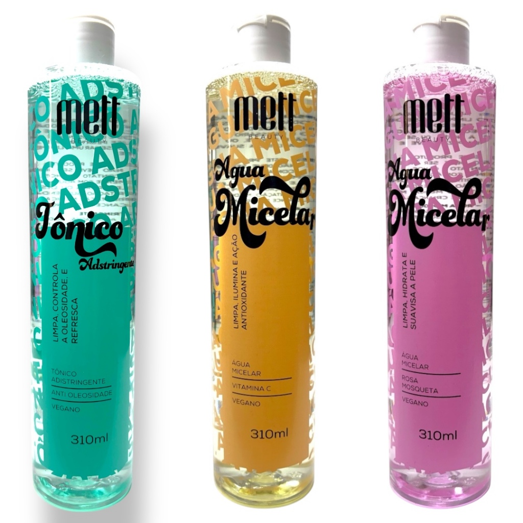 Kit Completo Skincare Mett - Água Micelar Vitamina C + Rosa Mosqueta + Tônico Adstringente 310ml