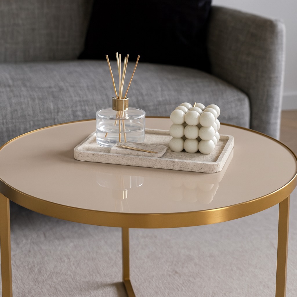 Mesa Mesinha Centro para  Decoração - Base Metal Dourada com Tampo de Vidro Off White Laqueado em Oferta na Shopee