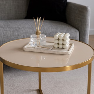 Mesa Mesinha Centro para  Decoração - Base Metal Dourada com Tampo de Vidro Off White Laqueado em Oferta na Shopee