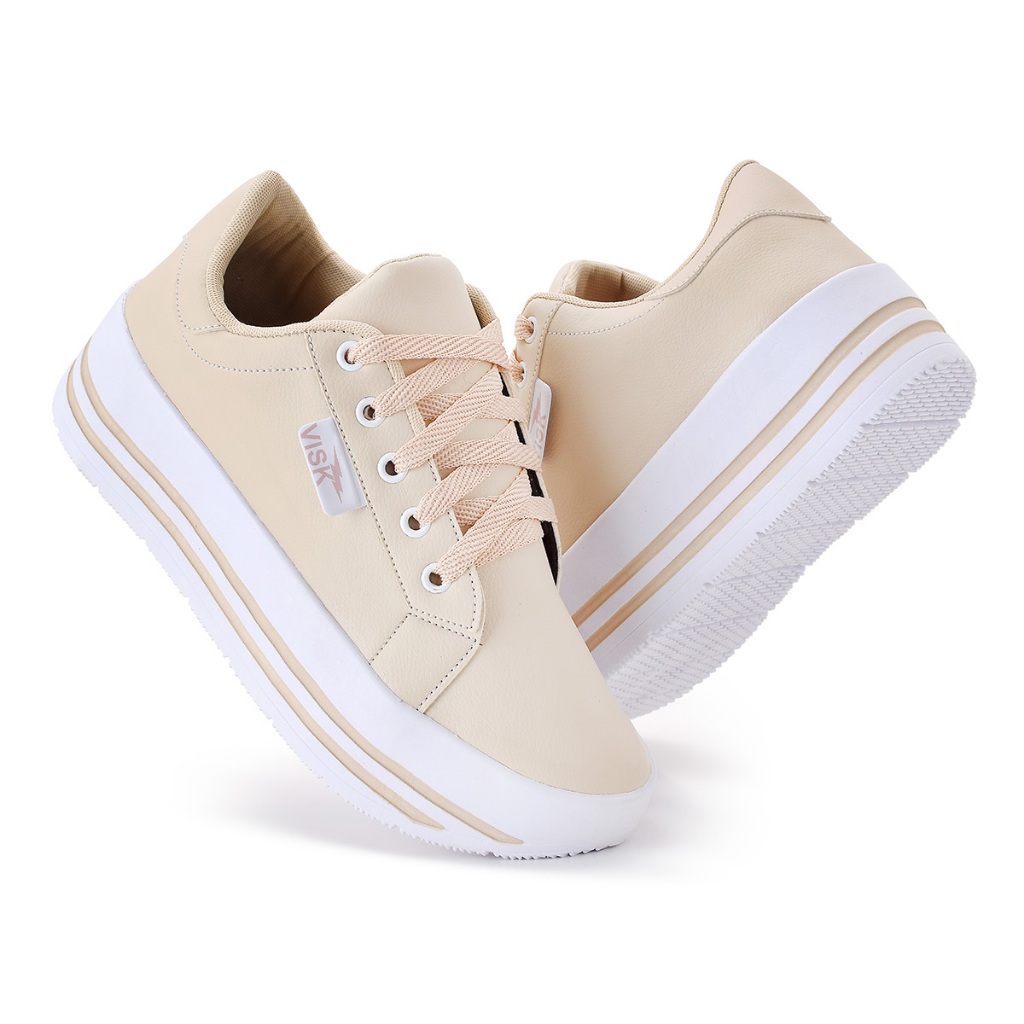 Tênis Feminino Sola Alta Plataforma Visk Nude Branco Casual Passeio Calçado Moderno Moda Barato