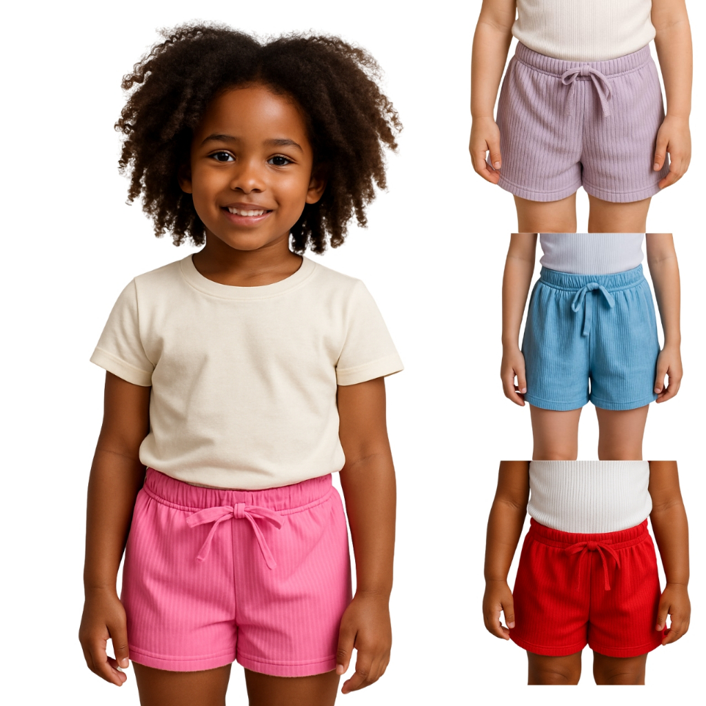 Kit 3 shorts canelado infantil menina  estilo verão modelo curto leve blogueirinha - ENVIO DE CORES SORTIDAS