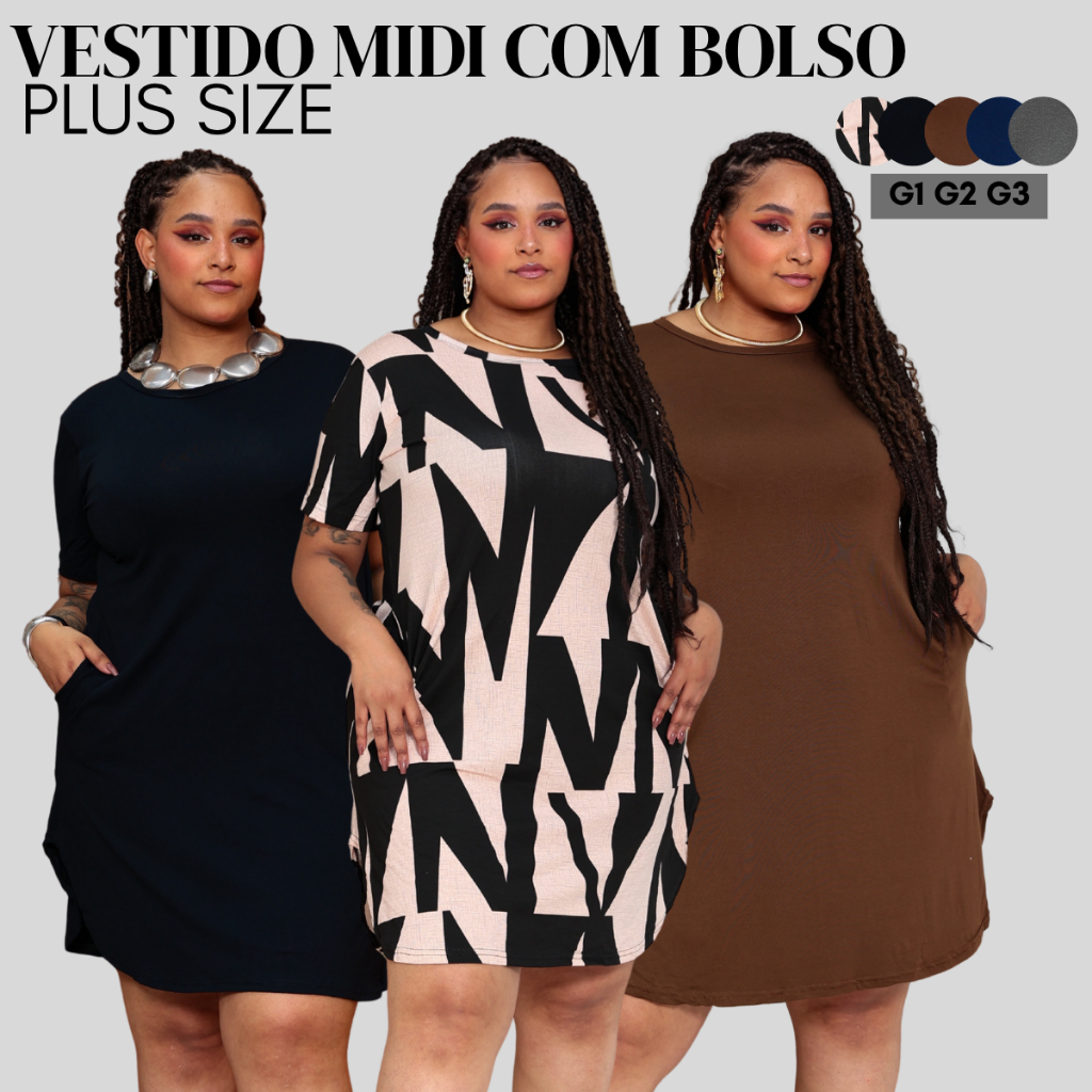 Vestido Midi Plus Size Bolsos e Fendas Laterais Vestido mullet Básico Gola redonda confortável curve
