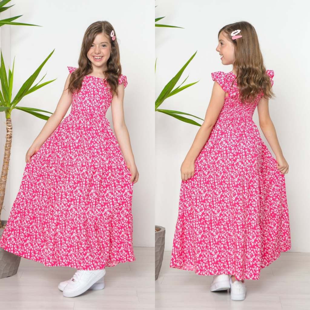 Vestido Longo Floral Juvenil Infantil para Meninas 10 a 16 Anos com Alças Babado e Saia Rodada