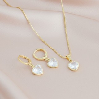 Conjunto Colar e Brinco Coração Feminino Dourado Cristal Banhado a Ouro 18k Semi Joia em Oferta na Shopee