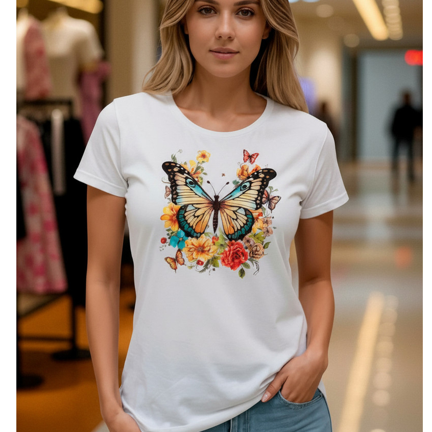 Camiseta Borboleta e Flores Estampa Delicada 100% Algodão Fio 30.1 Leve Confortável Estilo HYPE