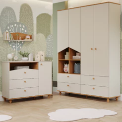 Quarto Bebê Completo Guarda Roupa 4 Portas Cômoda 1 Porta 100% MDF Casinha