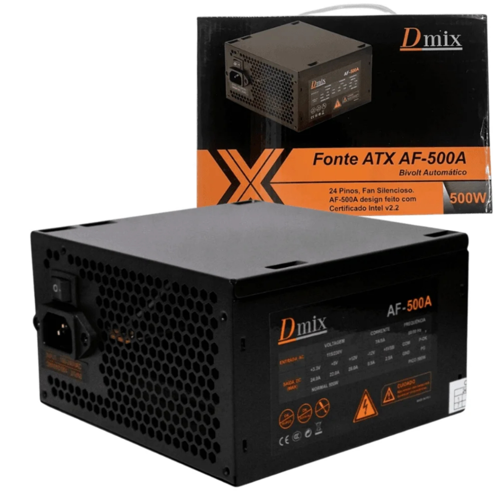 Fonte Atx 500W Potência Real Bivolt com Cabo de Força para Alimentação Pc Desktop Gamer Office