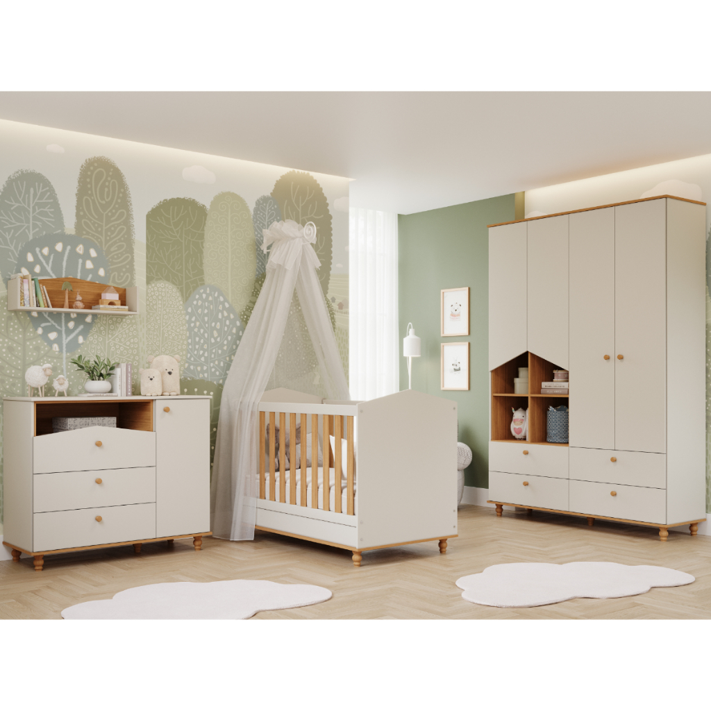 Quarto bebê Completo Berço Americano 3 em 1 Guarda roupas 4 Portas Cômoda 1 Porta 100% MDF em Oferta na Shopee