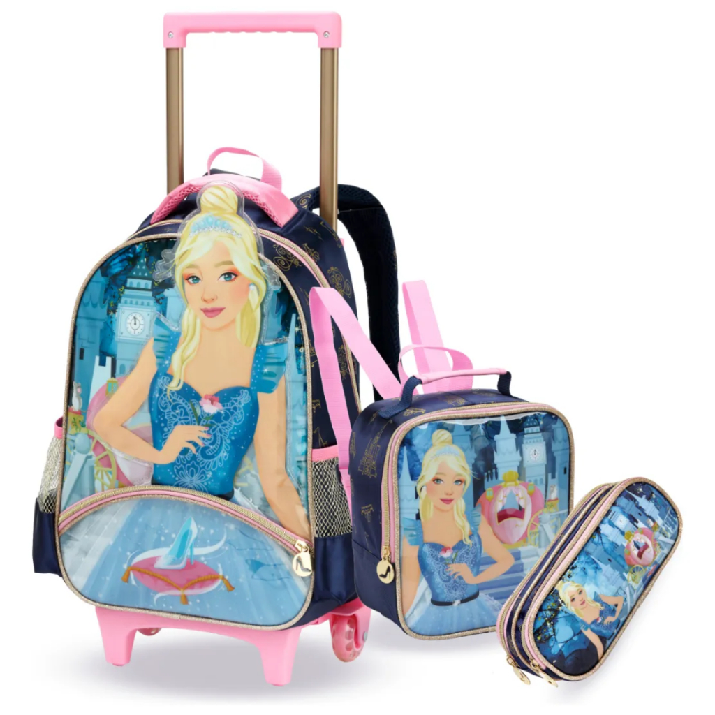 Kit Mochila de Rodinhas Escolar + Lancheira + Estojo Princesa Encantada Barbie Reinos Mágicos Infantil Feminina Original