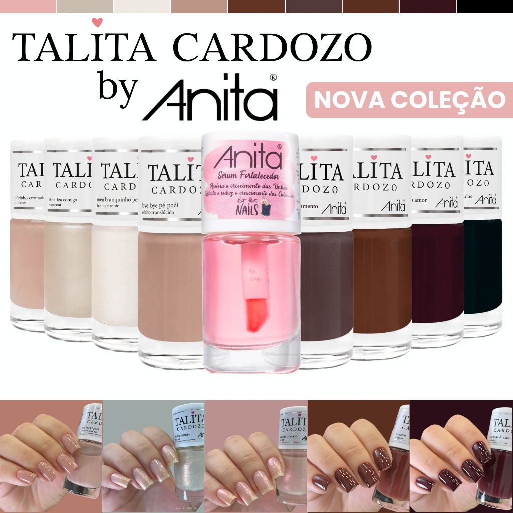 Kit 9 Esmaltes Anita Nova Coleção Talita Cardozo Tons Nude Top Coat Finalização Atacado