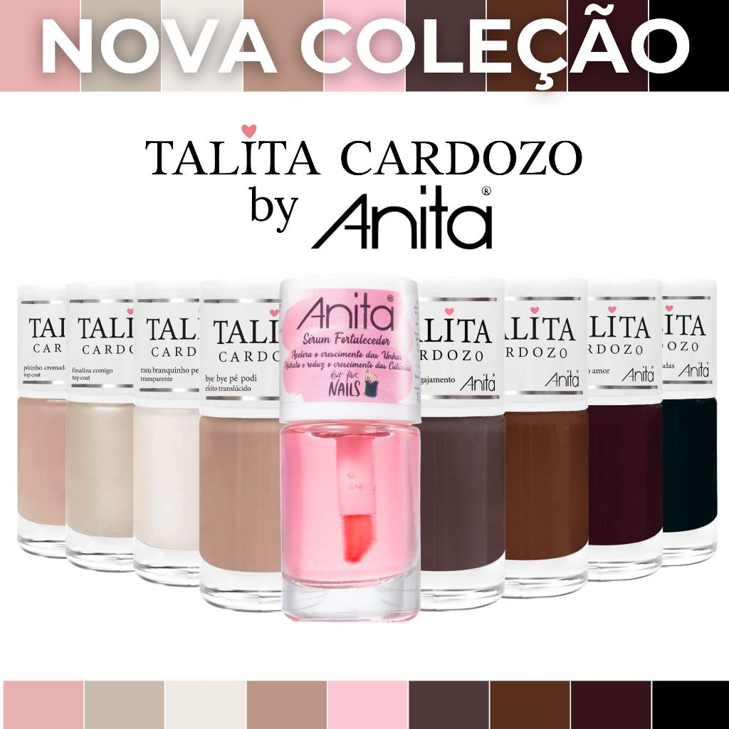 Kit 9 Esmaltes Anita Nova Coleção Talita Cardozo Tons Nude e Top Coat Finalização Atacado Lançamento