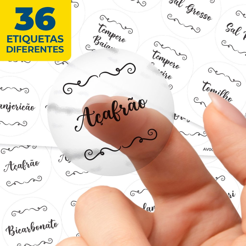 36 Etiquetas Adesivas para Temperos e Condimentos Vinil Transparente para Potes