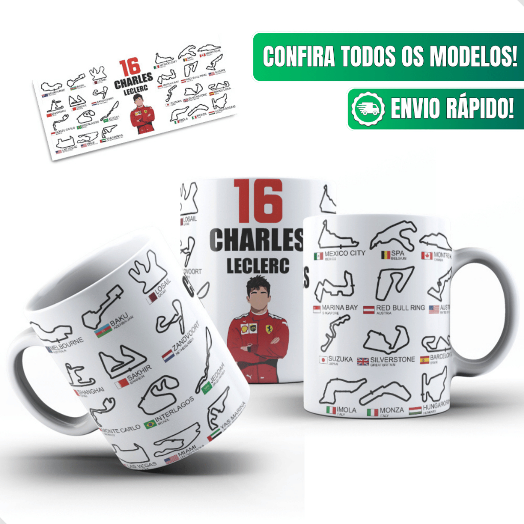 Caneca Formula1 Ceramica Personalizada 325ml Charles Leclerc Piloto F1 Ferrari Circuitos Desenho 16