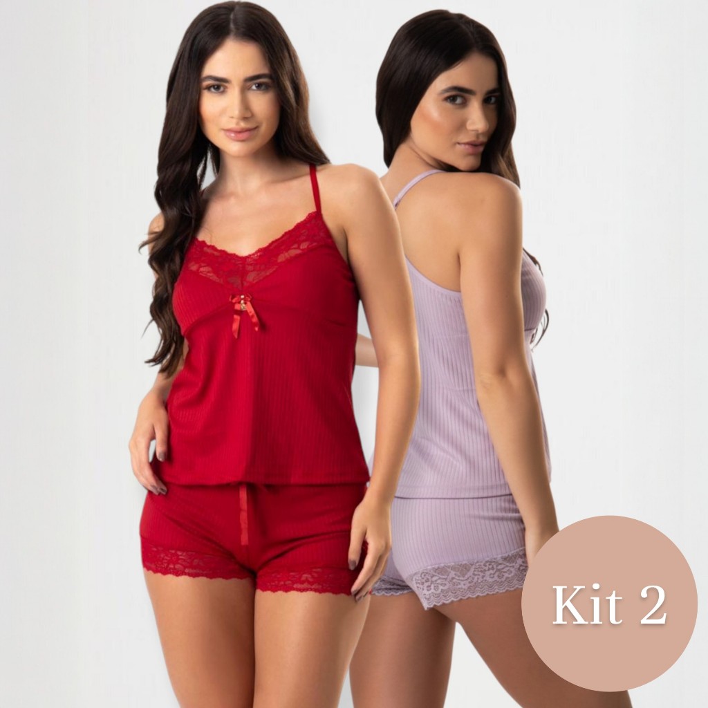 Kit 2 Conjuntos Pijama Baby Doll Short Doll Microfibra Canelada Nadador com Renda Camisete