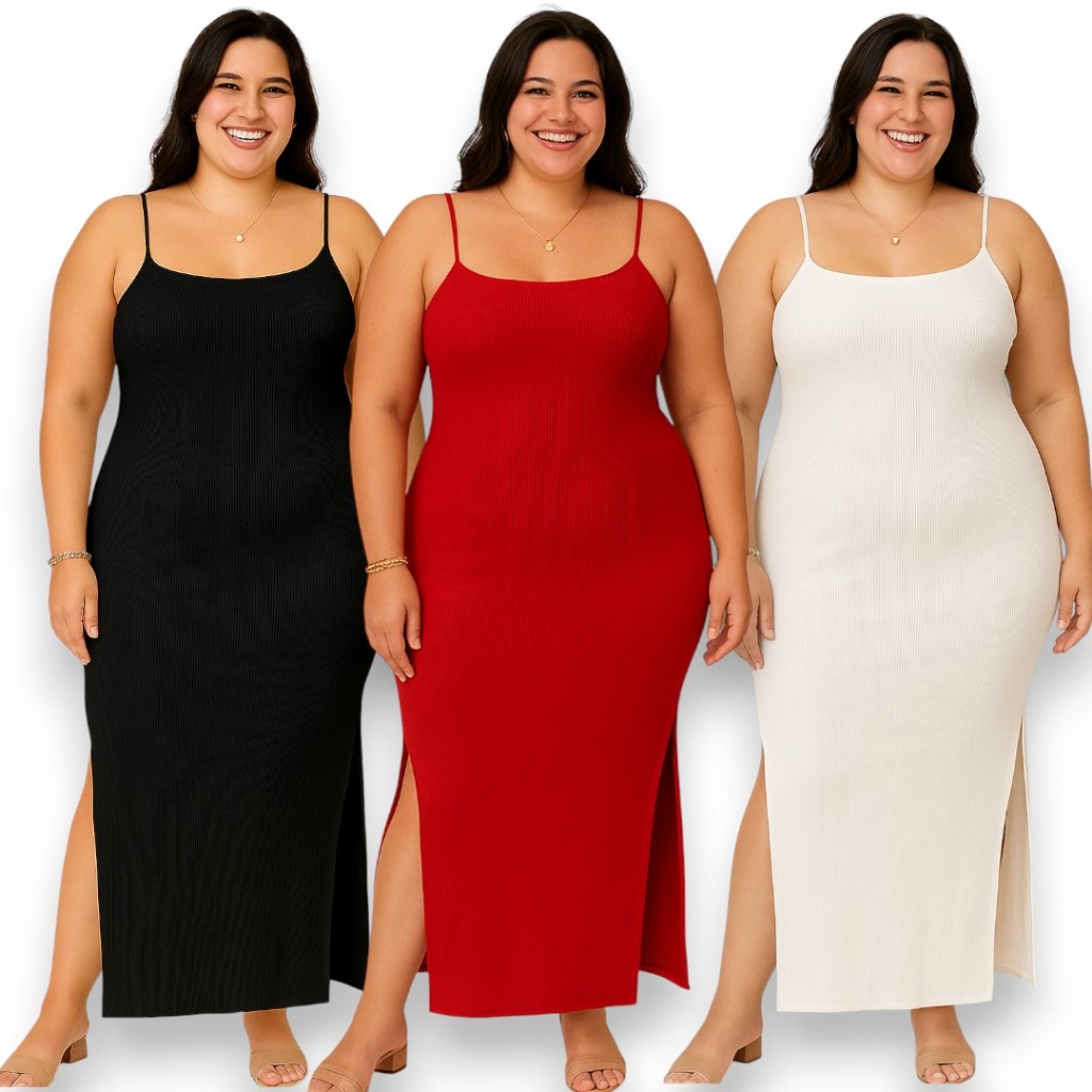 Vestido Longo Feminino com Alça Fina e Fenda Lateral  P ao G3  Moda Plus Size