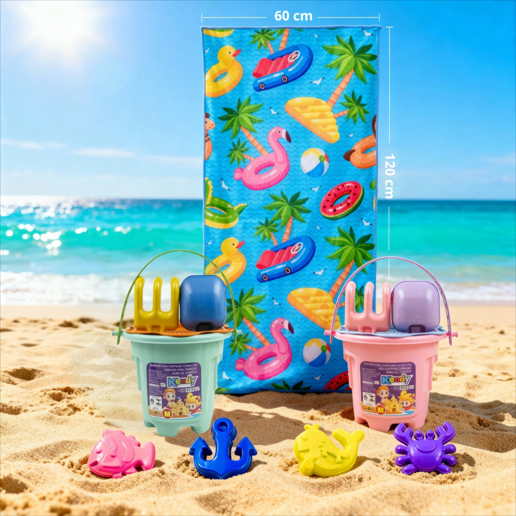 Kit Praia Infantil Balde + Toalha Tropical | Balde Império M +4 Forminhas | Toalha Estampa Modelo Importado | QUEEN SHOP em Oferta na Shopee
