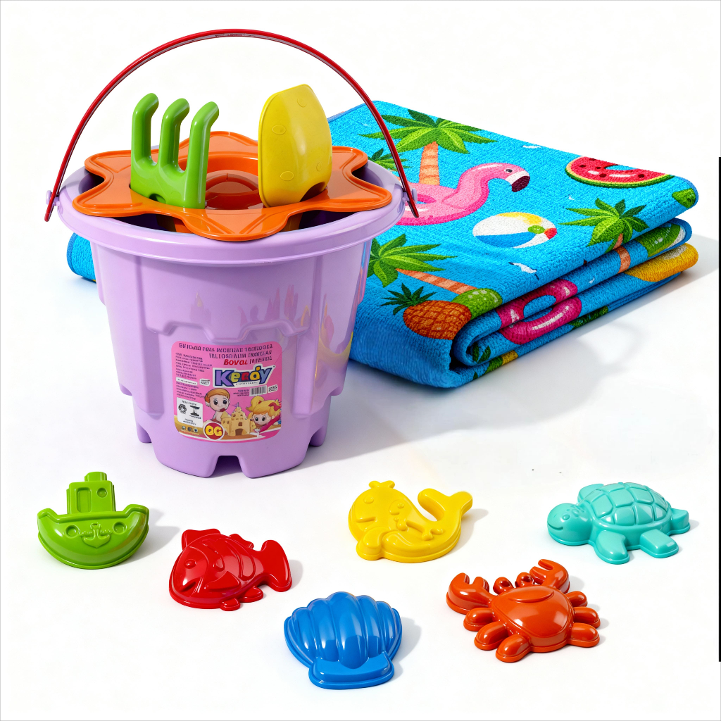 Kit Praia Balde + Toalha Tropical | Balde Império GG + 6 Forminhas | Toalha Estampa HD Modelo Importado | QUEEN SHOP em Oferta na Shopee