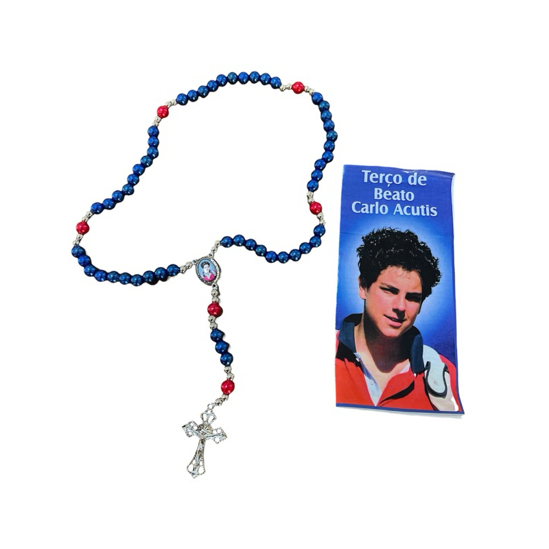 Terço Beato Carlo Acutis 37cm com Folheto Explicativo Contas Esmaltadas e Medalha Resinada Devoçao