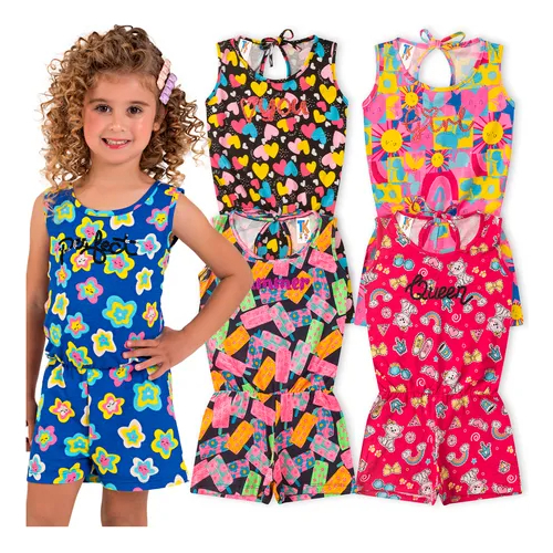 Kit 4 Macaquinhos Curto Menina Macacão Verão Malha Juvenil Estampado Kit com 2 3 ou 4 Tecido Leve