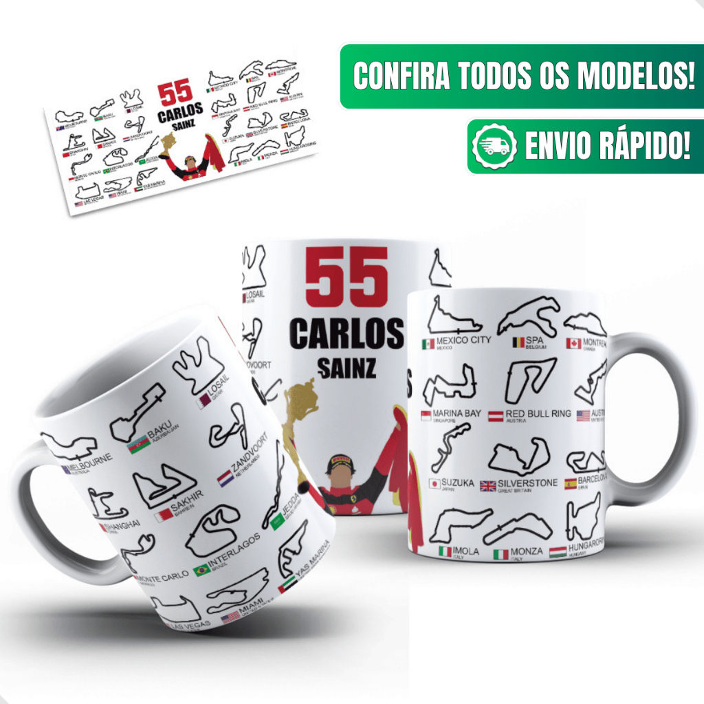 Caneca Formula1 Ceramica Personalizada 325ml Carlos Sainz 55 Ferrari F1 Circuitos Temporada Piloto