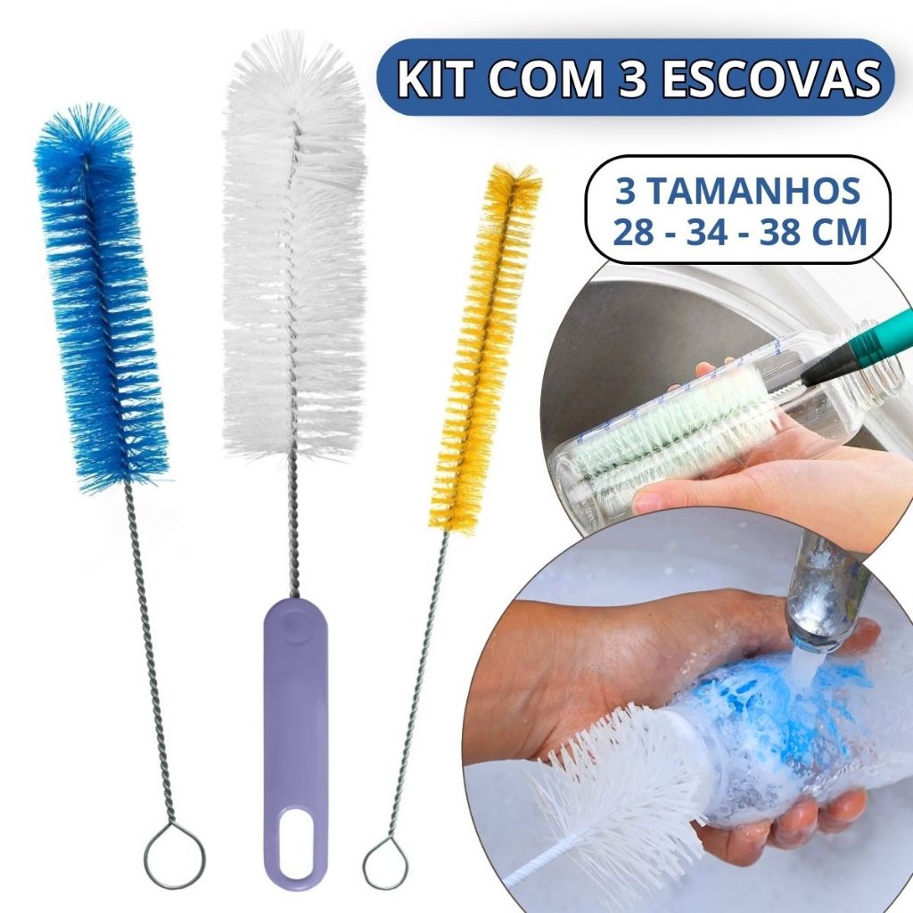 Kit Com 1/2/3 Escovas Para Lavar Garrafa Mamadeira Escova Garrafa 28 + 34 + 38 Cm