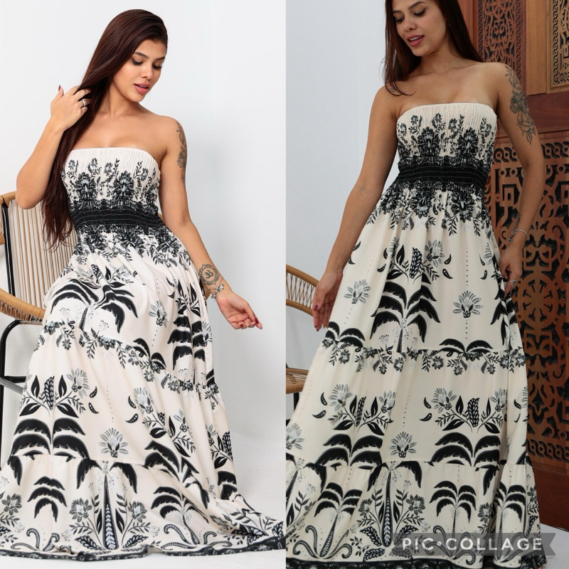 VESTIDO LONGO TOMARA QUE CAIA CON ELASTEX , ESTAMPADO MODA VERÃO em Oferta na Shopee