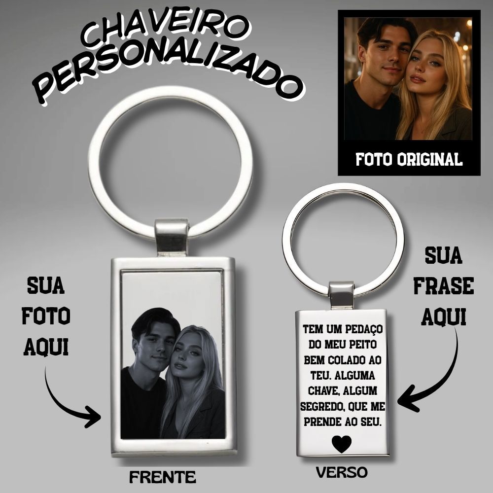 Chaveiro Personalizado a laser com Foto e Frase - em Aço Inox Presente Romântico e Memorável