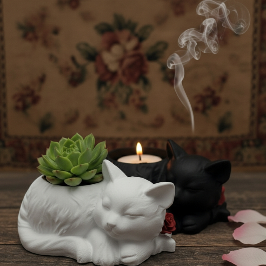 Gato Dormindo Resina 5cm - Vaso Suculenta Cachepô OU Porta Vela Incensário - Decoração Minimalista em Oferta na Shopee