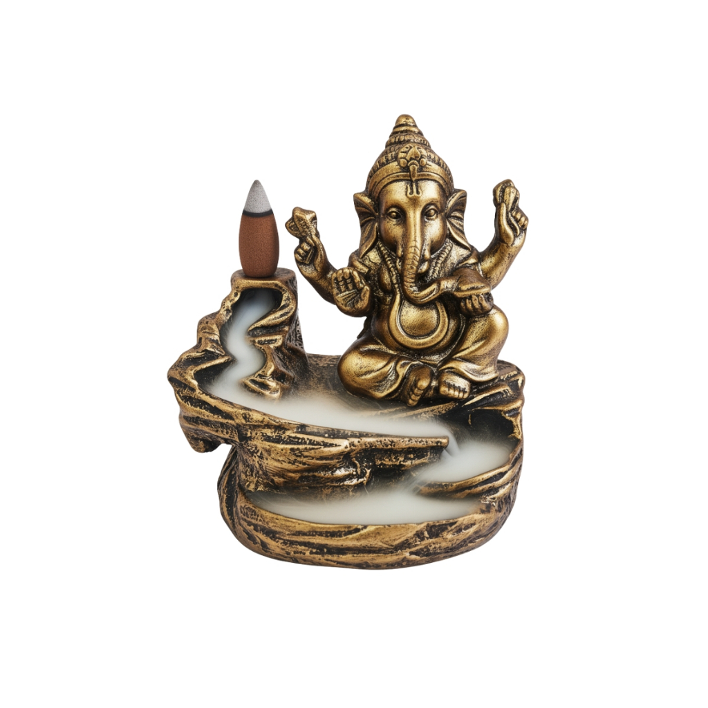Imagem Incensário Ganesha Montanha Cascata (12cm): Sabedoria, Prosperidade e Fluxo Zen para Seu Lar