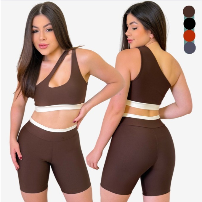 Conjunto Fitness Feminino Bicolor Top Nula Manga + Short Cintura Alta Zero Transparência em Oferta na Shopee