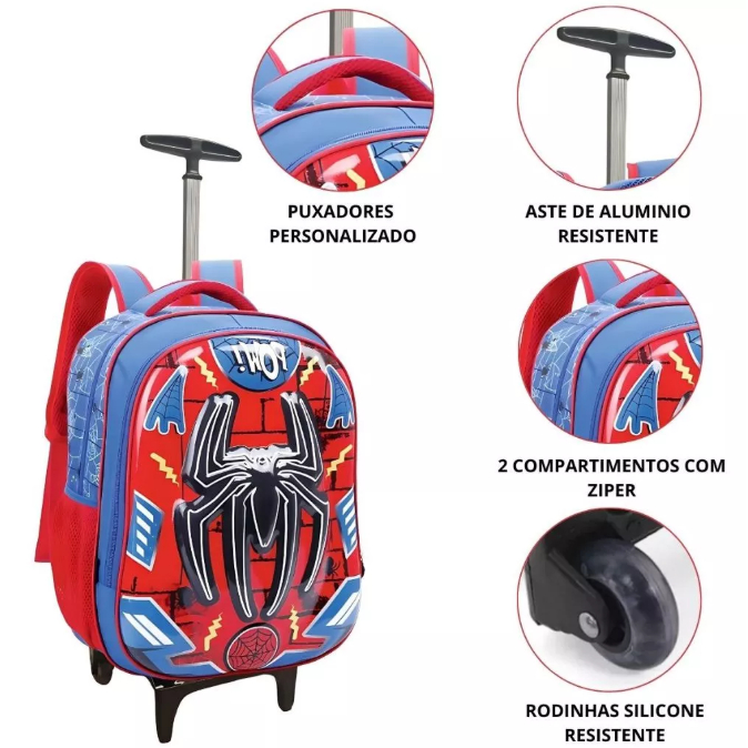 MOCHILA ESCOLAR #M4892 DE ARANHA EM 3D PARA MENINOS COM CARRINHO em Oferta na Shopee