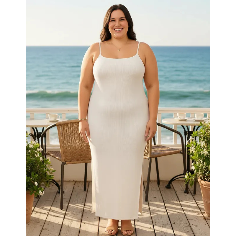 Vestido Longo  Branco Feminino com Alça Fina e Fenda Lateral  P ao G3  Moda Plus Size