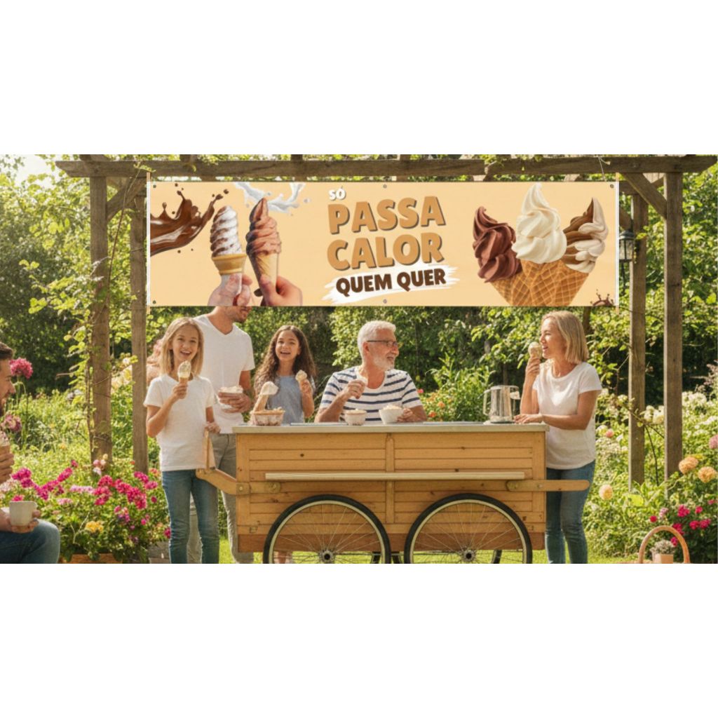 Lona Faixa Banner 2,00 x 0,50 mt Sorvete Expresso Máquina Baunilha Chocolate Misto