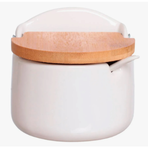 Porta Sal Saleiro Mesa Em Porcelana Com Colher  340ml Tampa Madeira Lyor