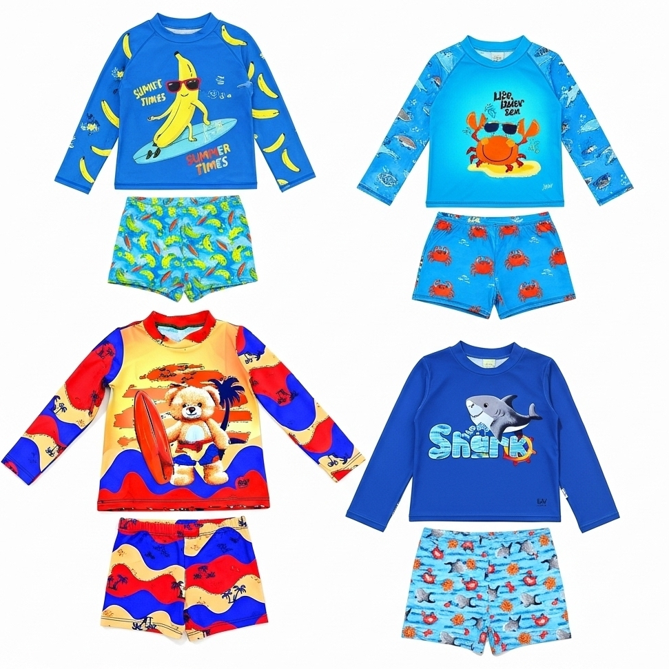Conjunto Praia Infantil Menino UV50+ | Camiseta + Sunga | Kit 2 (4 Peças) ou Kit 3 (6 Peças) Kit 1 (2 Peças)