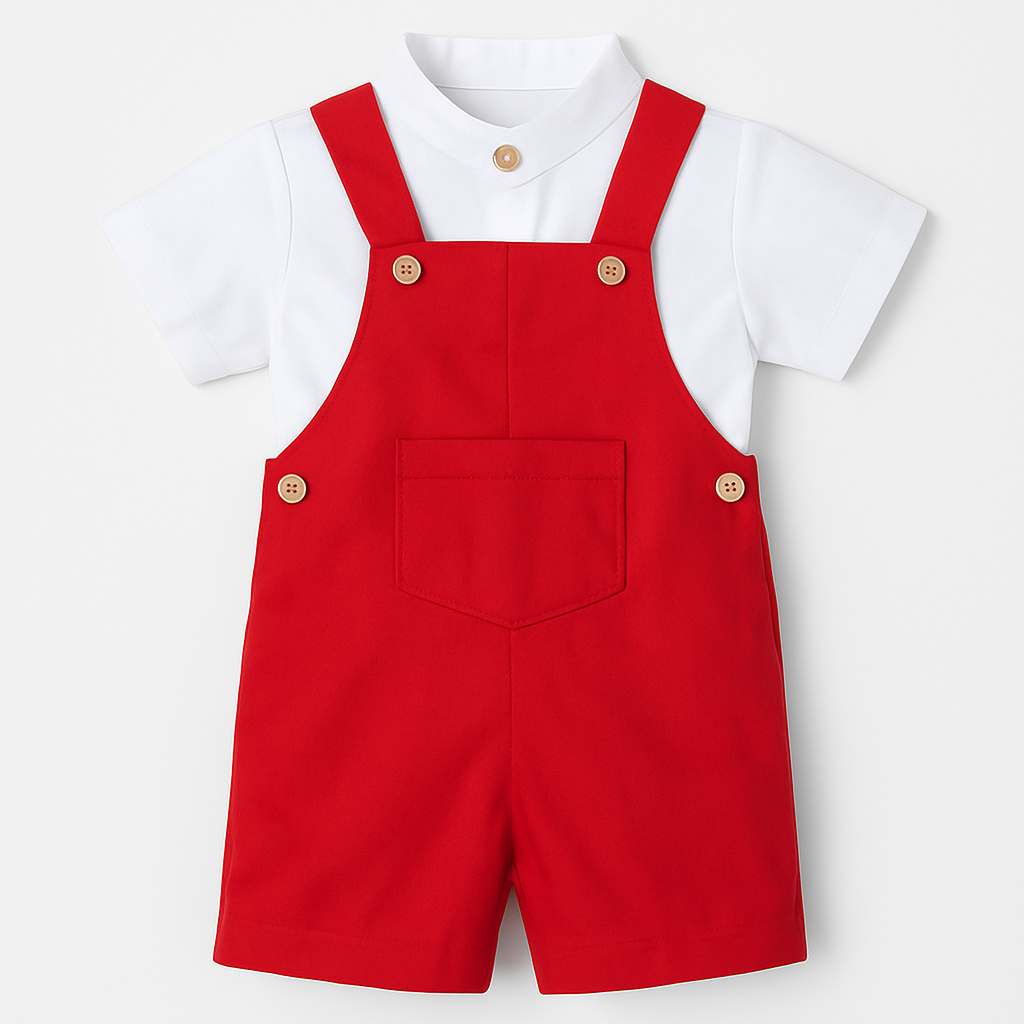 Conjunto Natalino Infantil Premium Menino – Jardineira Vermelha em Linho + Camisa Branca  | Look de Natal 1, 2 e 4